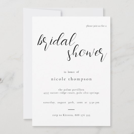 Chic Black Script Bridal Shower Invitation Minimal 招待状 (正面)