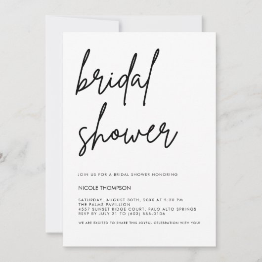 Chic Black Script Bridal Shower Invitation Minimal 招待状 (正面)