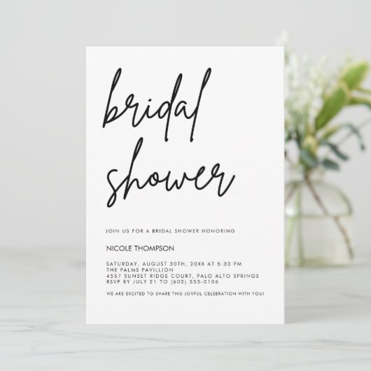 Chic Black Script Bridal Shower Invitation Minimal 招待状 (スタンド正面)