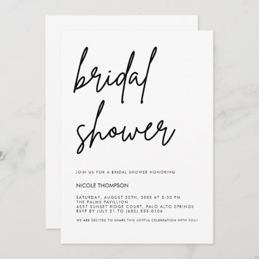 Chic Black Script Bridal Shower Invitation Minimal 招待状 (正面/裏面)