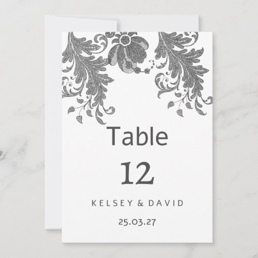 Chic black white glitter floral lace Table Numbers 招待状 (正面)