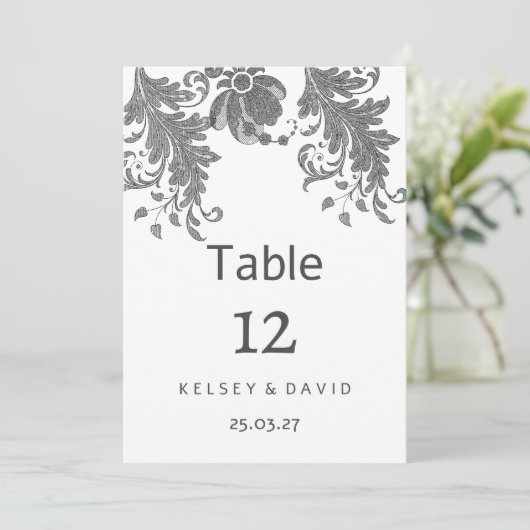 Chic black white glitter floral lace Table Numbers 招待状 (スタンド正面)