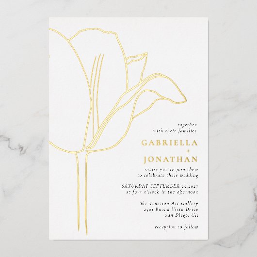 Chic Black White Gold Tulip Wedding 箔招待状 (正面)