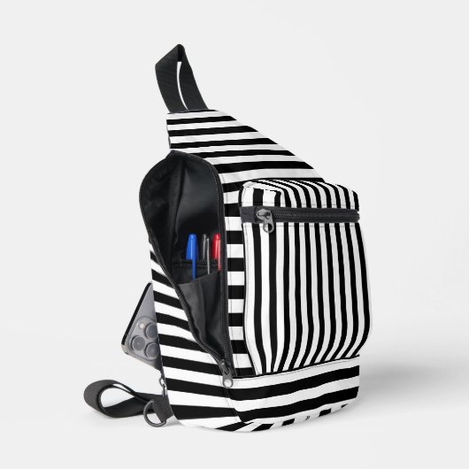 Chic Black White Striped Stylish Sling Bag スリングバッグ (見開き)