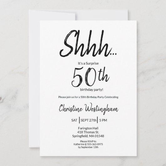 Chic Black White Surprise 50th Birthday 招待状 (正面)