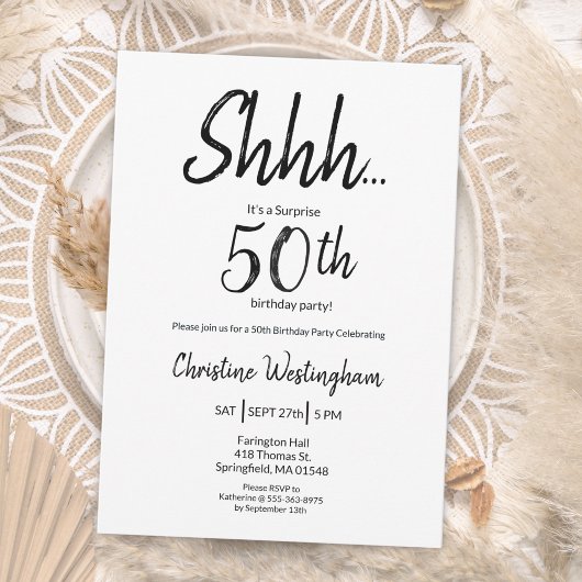 Chic Black White Surprise 50th Birthday 招待状