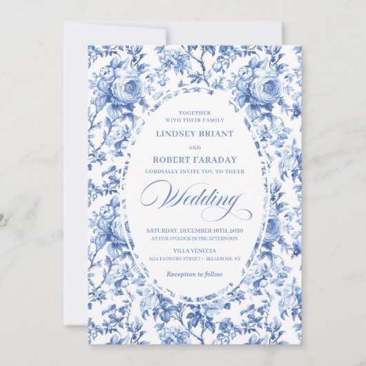 Chic Blue Chinoiserie Toile Floral Wedding Invite 招待状 (正面)