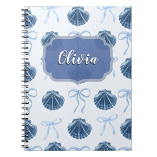 Chic Blue Coastal Shells and Bows Personalized ノートブック