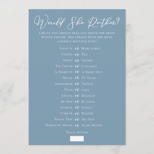 Chic Blue Downloadable Bridal Shower Guess Game カード (正面)
