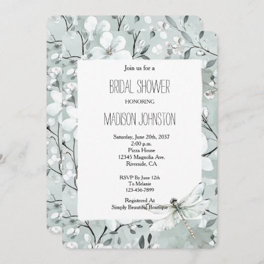 Chic Blue Dragonfly Dream Floral Bridal Shower 招待状 (正面/裏面)