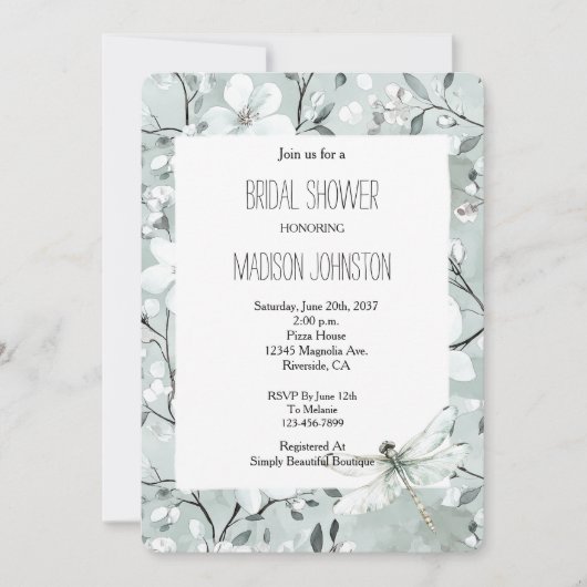Chic Blue Dragonfly Dream Floral Bridal Shower 招待状 (正面)