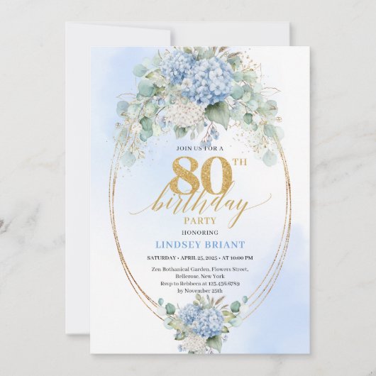 Chic Blue Floral Eucalyptus 80th Birthday Invite 招待状 (正面)