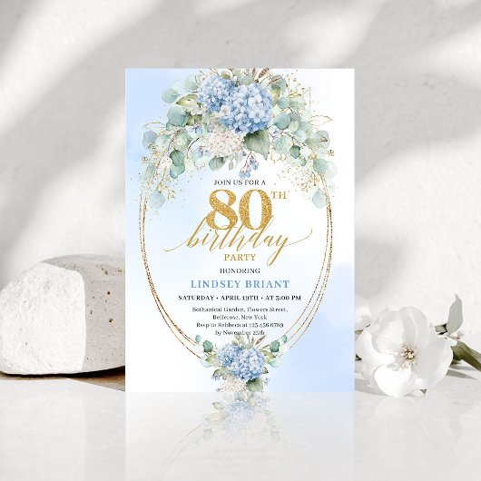 Chic Blue Floral Eucalyptus 80th Birthday Invite 招待状