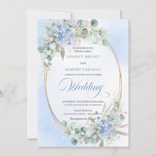 Chic Blue Floral Eucalyptus Gold Oval Wedding  招待状 (正面)