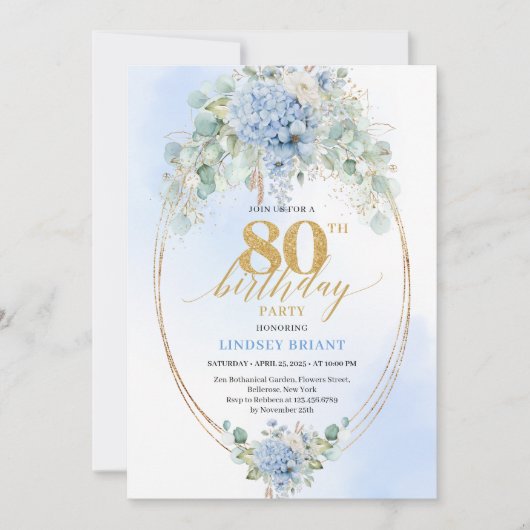 Chic Blue Floral Gold 80th Birthday Invitation 招待状 (正面)