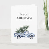 Chic Blue Floral Truck Christmas Tree カード (正面)