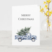 Chic Blue Floral Truck Christmas Tree カード (黄色い花)