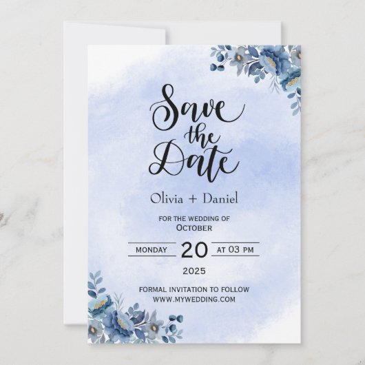 Chic Blue Floral Wedding Save the Date 招待状 (正面)