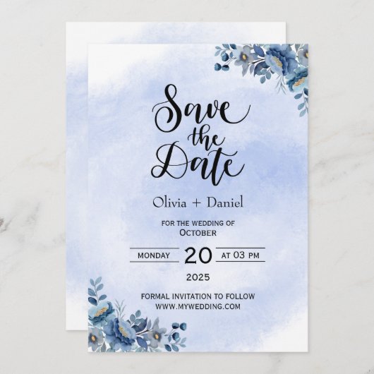 Chic Blue Floral Wedding Save the Date 招待状 (正面/裏面)