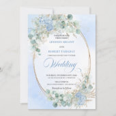 Chic Blue Floral Wheat Gold Oval Wedding Invite 招待状 (正面)
