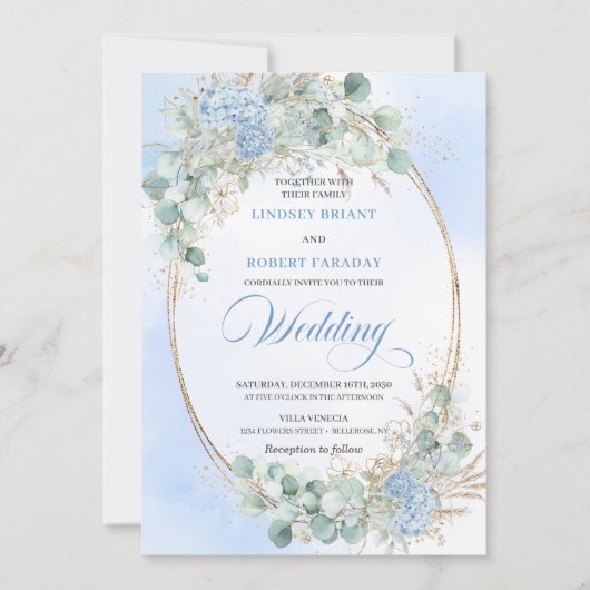 Chic Blue Floral Wheat Gold Oval Wedding Invite 招待状 (正面)