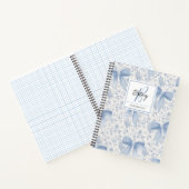 Chic Blue Floral With Bows Script Name Monogram ノートブック (内部)
