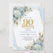Chic Blue Flowers Gold 90th Birthday Party Invite 招待状 (正面)