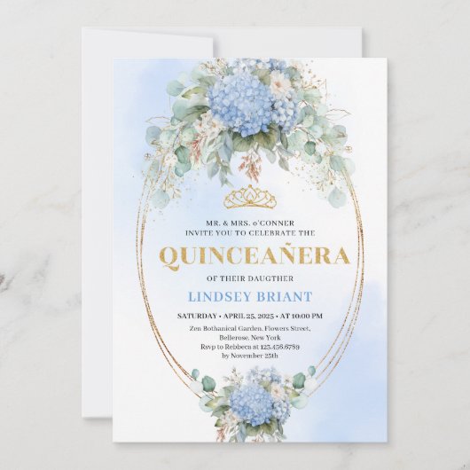 Chic Blue Flowers Greenery Quinceañera Invitation 招待状 (正面)