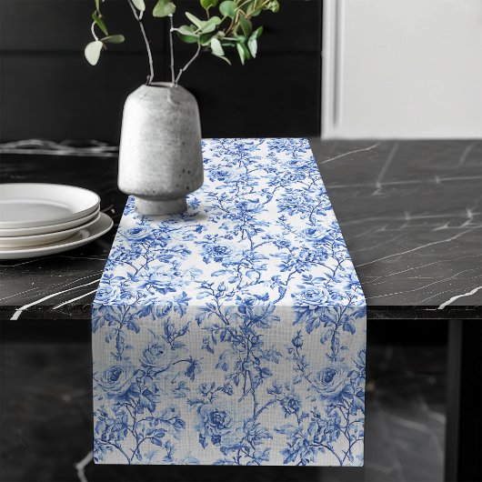 Chic Blue French Toile Roses Floral Table Runner ロングテーブルランナー
