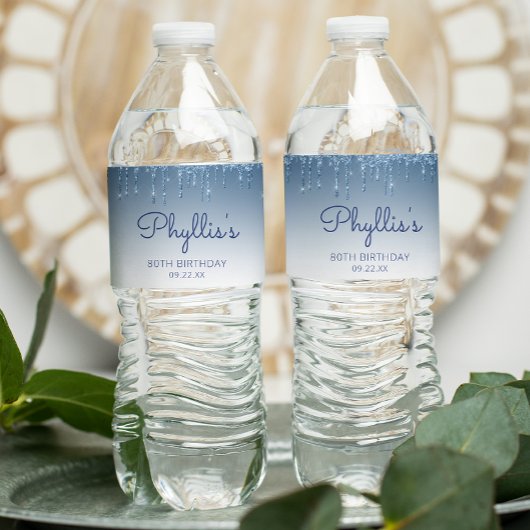 Chic Blue Glitter Drip 80th Birthday Party ペットボトルラベル