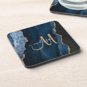Chic Blue Gold Agate Script Monogram Custom コースター (左側)