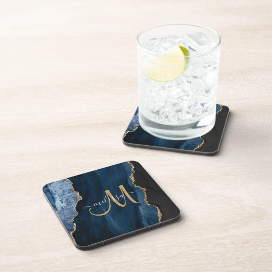 Chic Blue Gold Agate Script Monogram Custom コースター (右側)