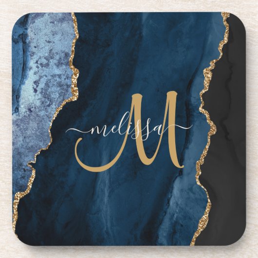 Chic Blue Gold Agate Script Monogram Custom コースター (正面)