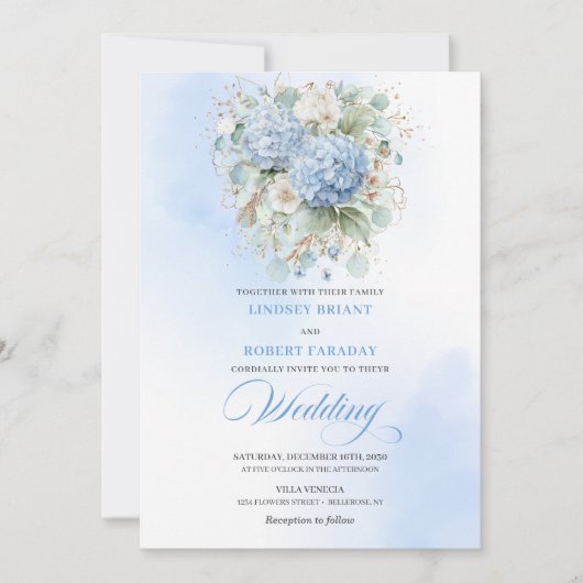 Chic Blue Hydrangea Botanical Wedding Invitation 招待状 (正面)