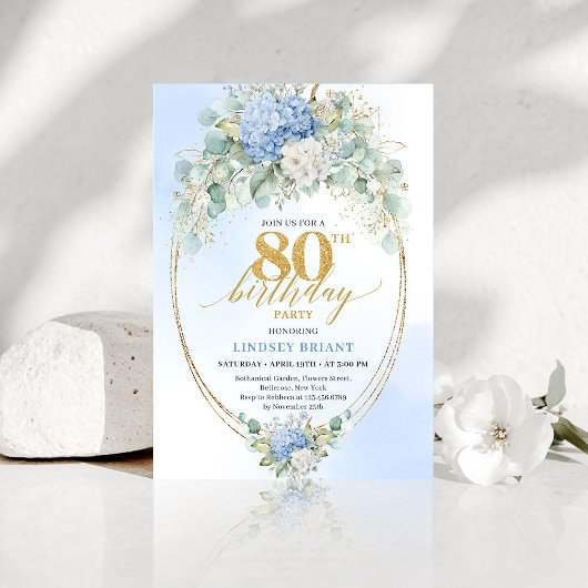 Chic Blue Hydrangea Eucalyptus 80th Birthday Invit 招待状