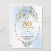 Chic Blue Hydrangea Eucalyptus Gold 80th Birthday 招待状 (正面)