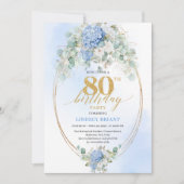 Chic Blue Hydrangeas Gold Floral 80th Birthday 招待状 (正面)