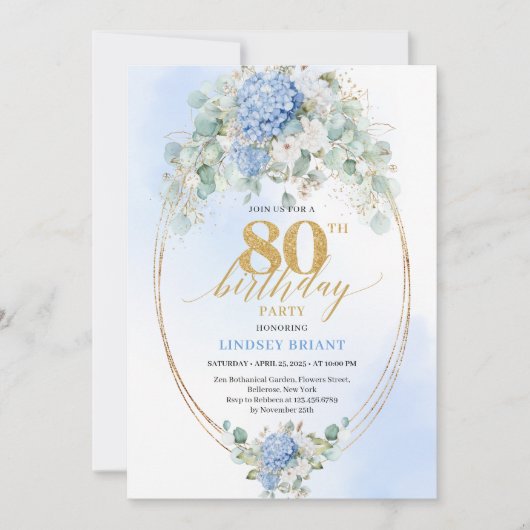 Chic Blue Hydrangeas Gold Floral 80th Birthday 招待状 (正面)