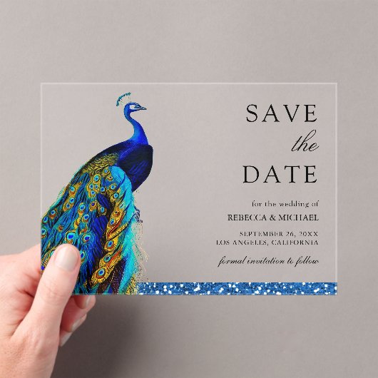 Chic Blue Peacock Indian Wedding Save the Date アクリル招待状 (インサイチュ (ポータブル))