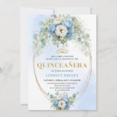 Chic Blue Peony Gold Script Quinceañera Invite 招待状 (正面)