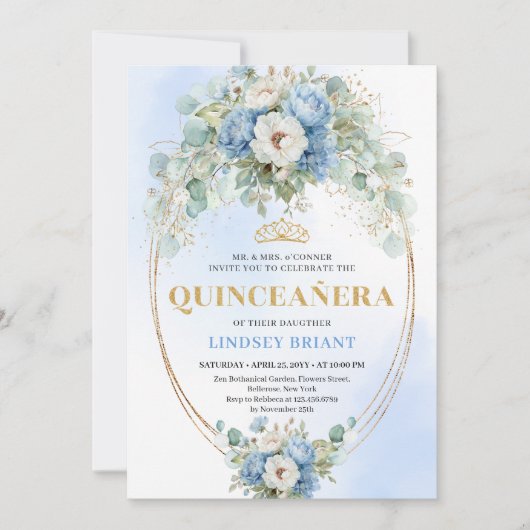 Chic Blue Peony Gold Script Quinceañera Invite 招待状 (正面)