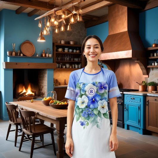 Chic Blue & Purple Shades Elegant Pansies Floral エプロン