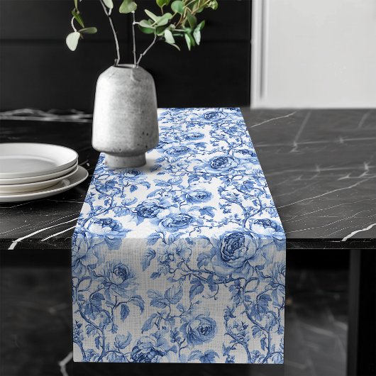 Chic Blue Roses Toile Floral Pattern Style Table  ロングテーブルランナー