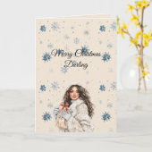Chic Blue Snowflakes Brown Hair Female カード (黄色い花)