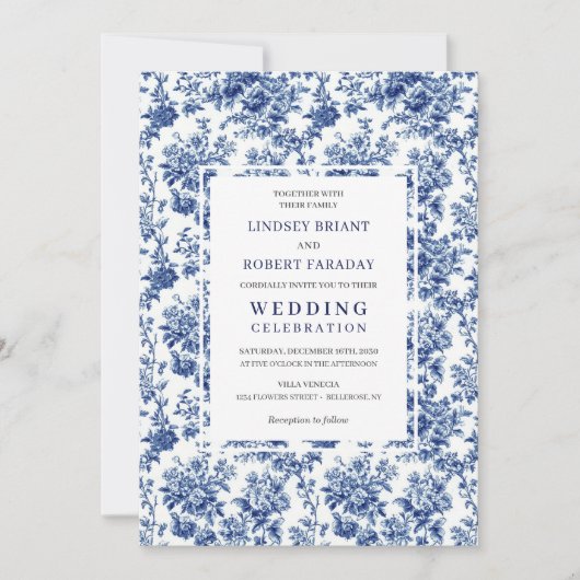 Chic Blue Toile de Jouy Elegant Wedding Invitation 招待状 (正面)