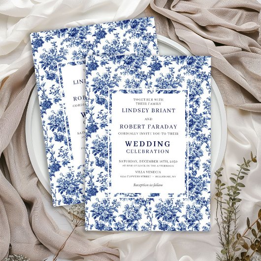 Chic Blue Toile de Jouy Elegant Wedding Invitation 招待状