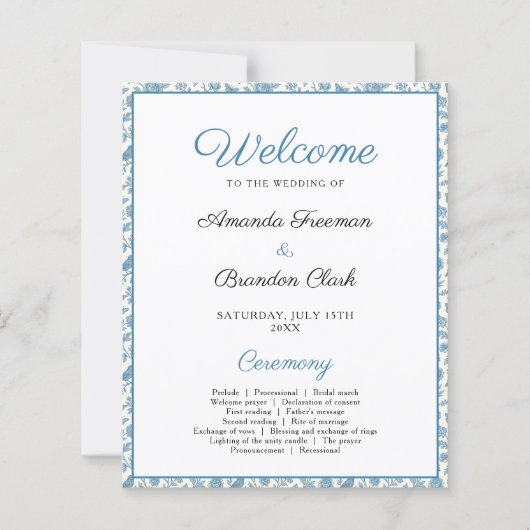 Chic Blue Toile de Jouy Floral Border Wedding (正面)