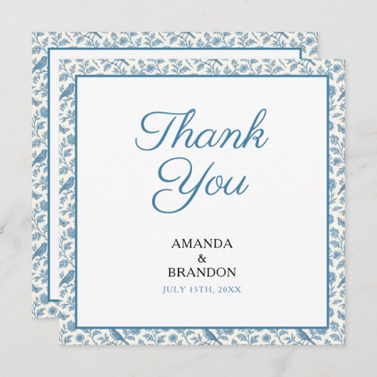 Chic Blue Toile de Jouy Floral Border Wedding サンキューカード (正面/裏面)