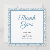 Chic Blue Toile de Jouy Floral Border Wedding サンキューカード (正面)