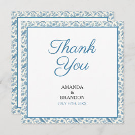 Chic Blue Toile de Jouy Floral Border Wedding サンキューカード